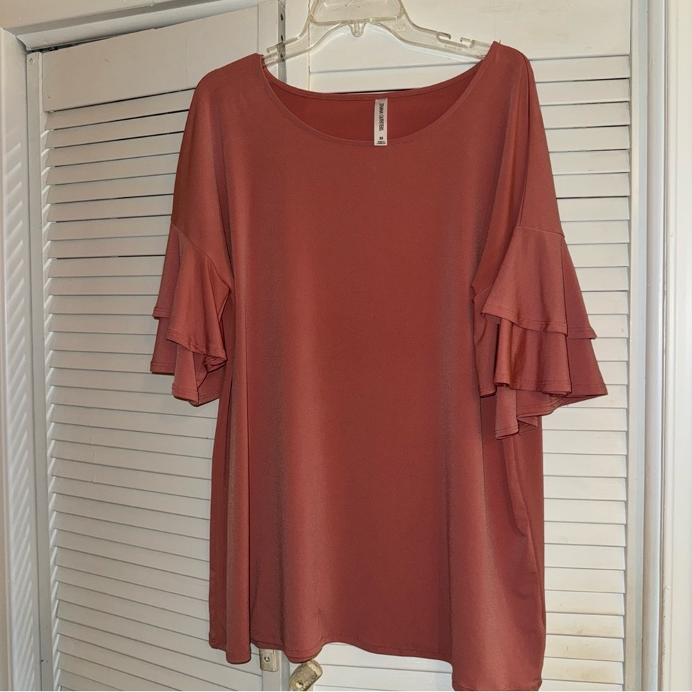 Zenana Outfitters Ruffled Sleeve Blouse in Terracotta